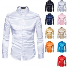 Mens Shiny Satin Dress Shirt Button Up Long Sleeve Business Party Prom Slim Tops