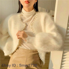 Womens Sweet Lantern Sleeve Mink Cashmere Sweater Knit Cardigan Knit Coat Jacket